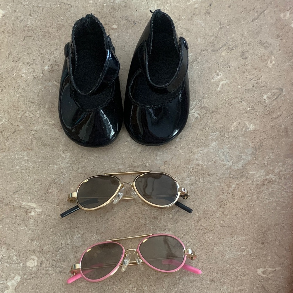 American Girl Black Patent Mary Jane Shoes with Gold and Pink Sunglasses Set